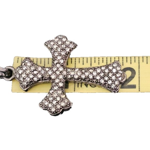 Black Crystal Cross Pendant Necklace, Clear Pave Rhinestones, Gothic Style - Picture 6 of 7